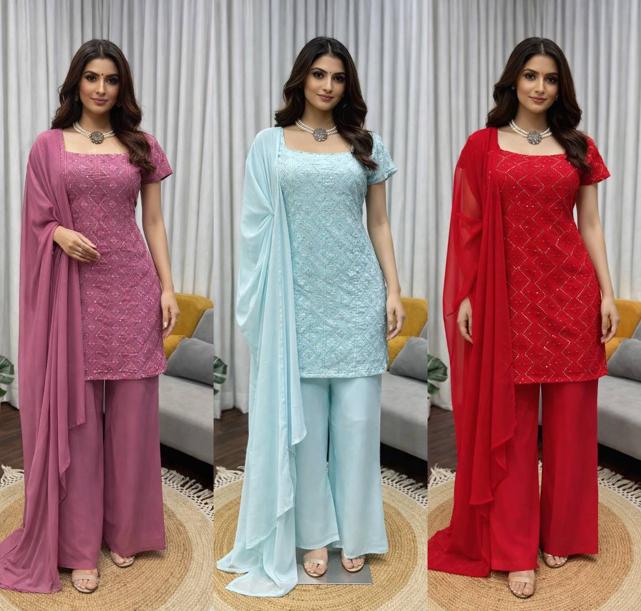 NCO 94 HST Heavy Faux Georgette Chine Sequins Work Top Sharara With Dupatta