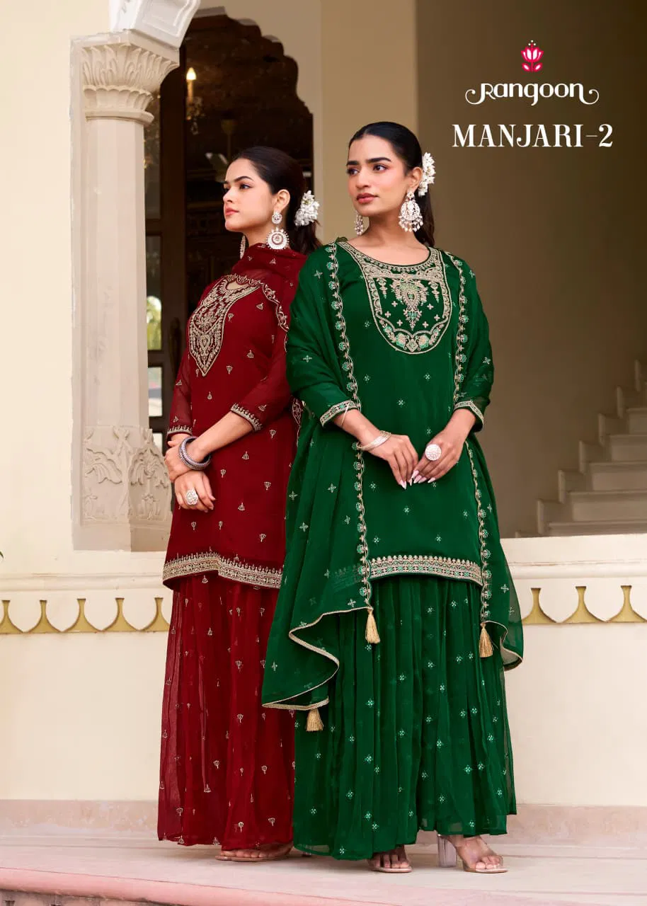 Rangoon Manjari Vol 02 Chiffon With Fancy Code Worked Kurti Plazzo And Dupatta