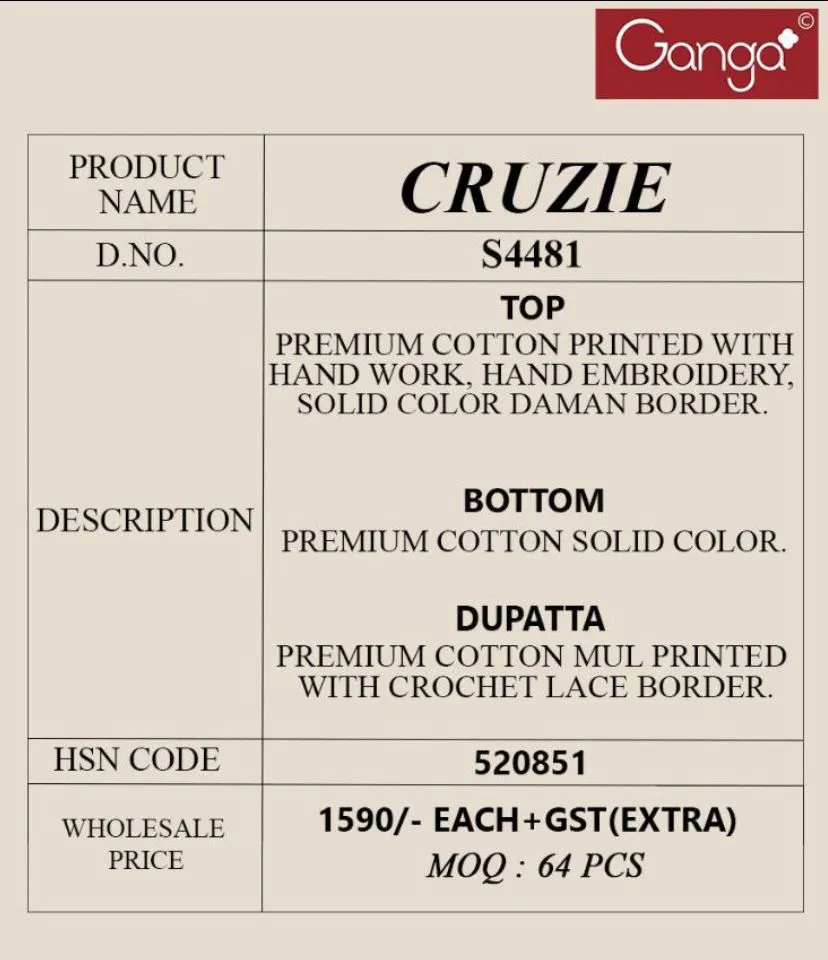Ganga Cruzie S 4481 Cotton Printed With Handworked Salawar Kameez