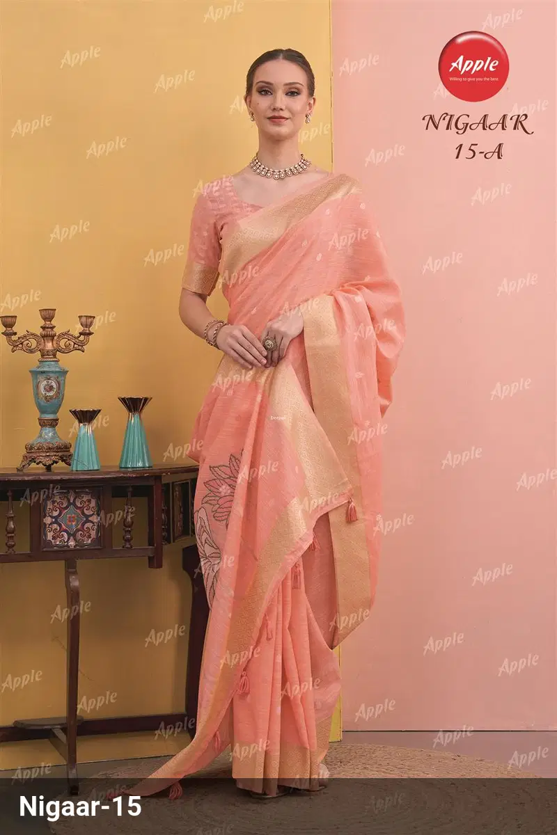 Apple Nigaar 15 Linen Peach Woven Festive Wear Saree Collection