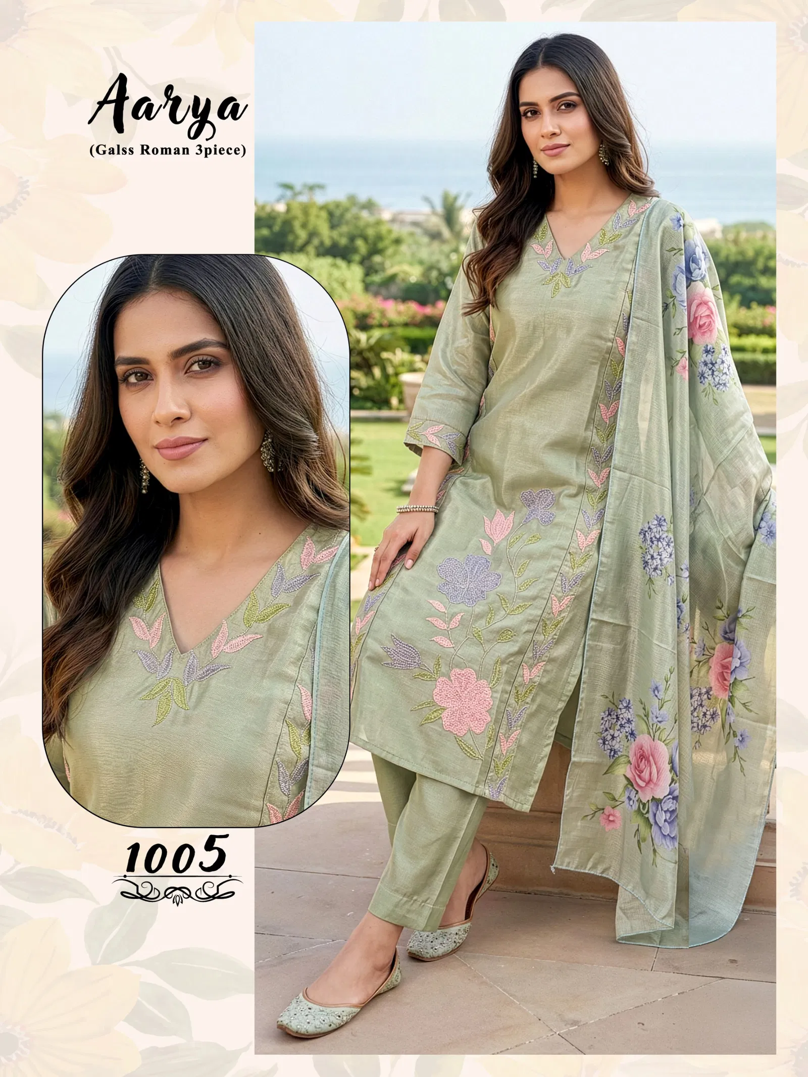 Aarya D No 1001 To 06 Glass Roman Embroidered Fancy Kurti Set Collection