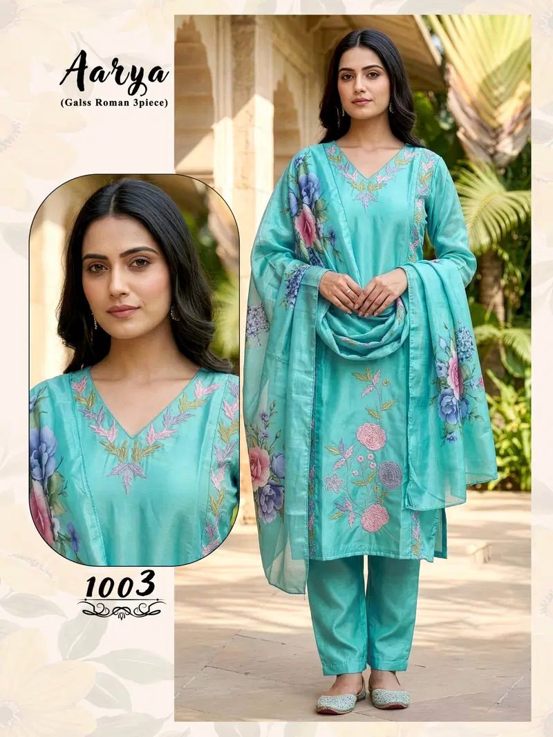 Aarya D No 1001 To 06 Glass Roman Embroidered Fancy Kurti Set Collection