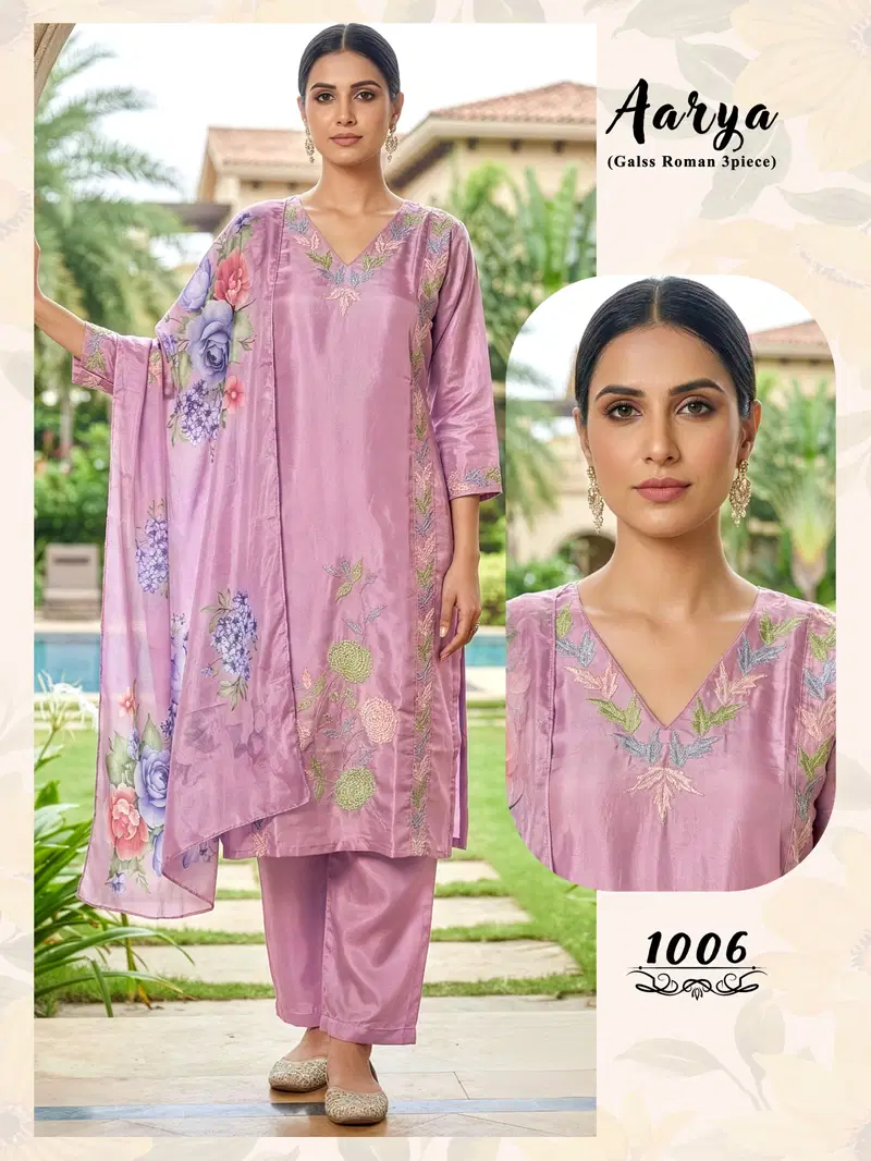 Aarya D No 1001 To 06 Glass Roman Embroidered Fancy Kurti Set Collection
