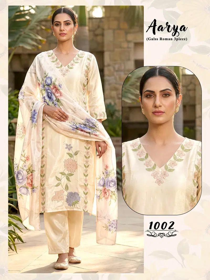 Aarya D No 1001 To 06 Glass Roman Embroidered Fancy Kurti Set Collection