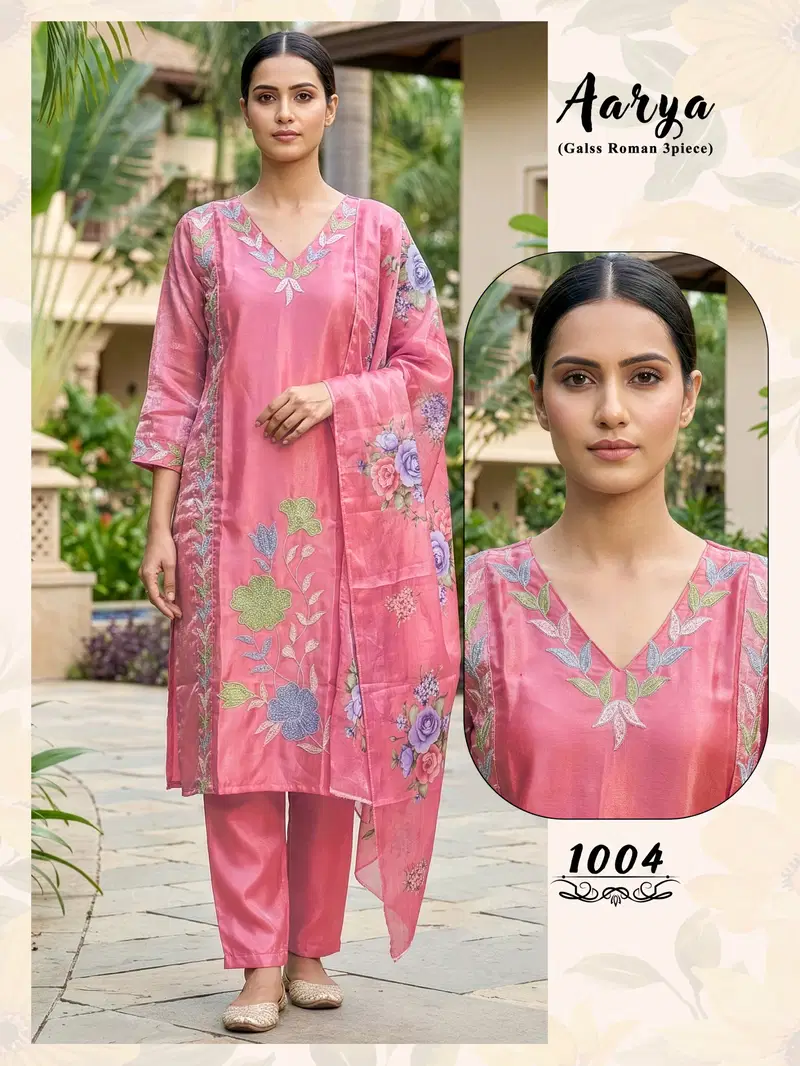 Aarya D No 1001 To 06 Glass Roman Embroidered Fancy Kurti Set Collection