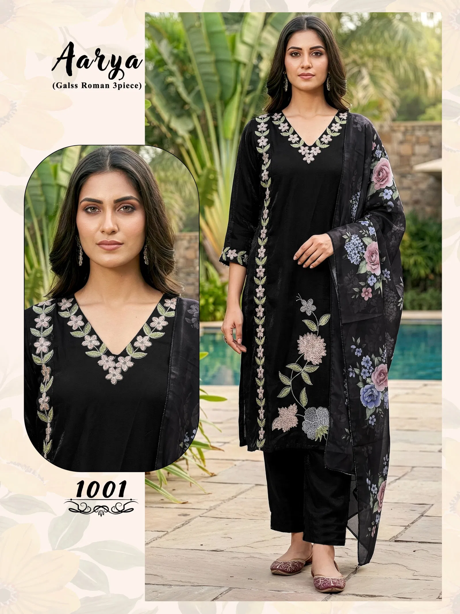 Aarya D No 1001 To 06 Glass Roman Embroidered Fancy Kurti Set Collection