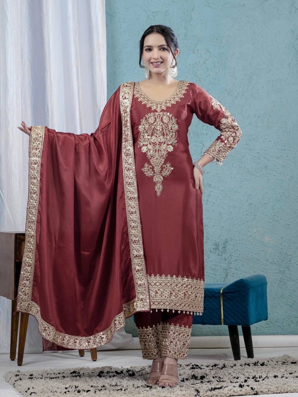 NCO 97 HNF Heavy Chinon Silk Heavy Embroidery Coading Kurti Bottom With Dupatta