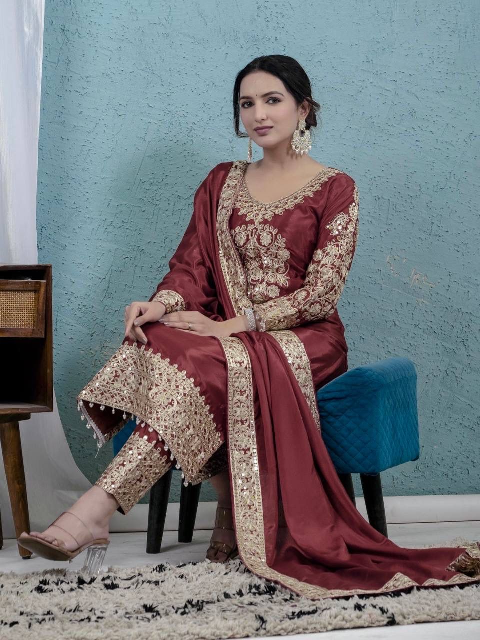 NCO 97 HNF Heavy Chinon Silk Heavy Embroidery Coading Kurti Bottom With Dupatta