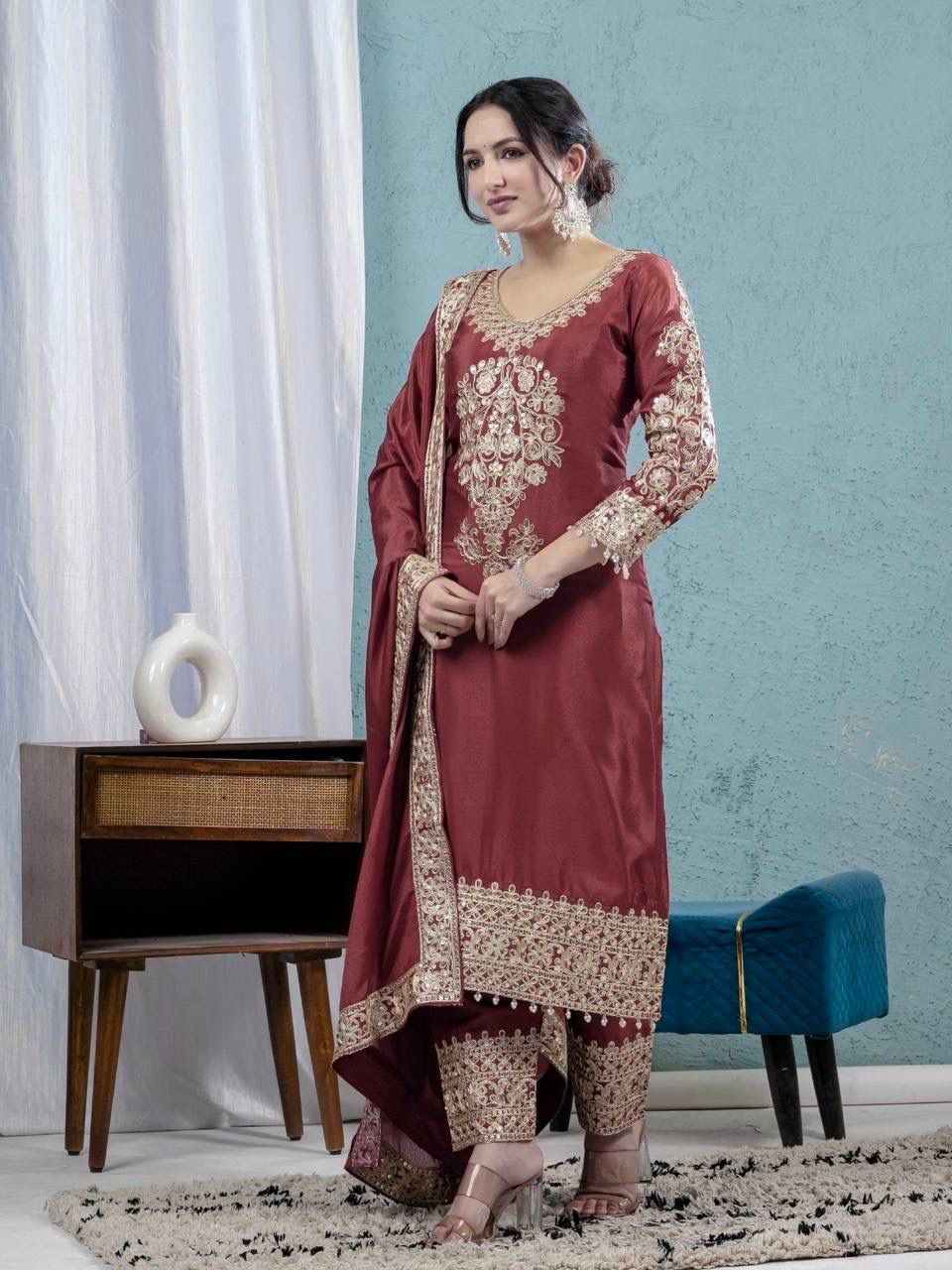 NCO 97 HNF Heavy Chinon Silk Heavy Embroidery Coading Kurti Bottom With Dupatta