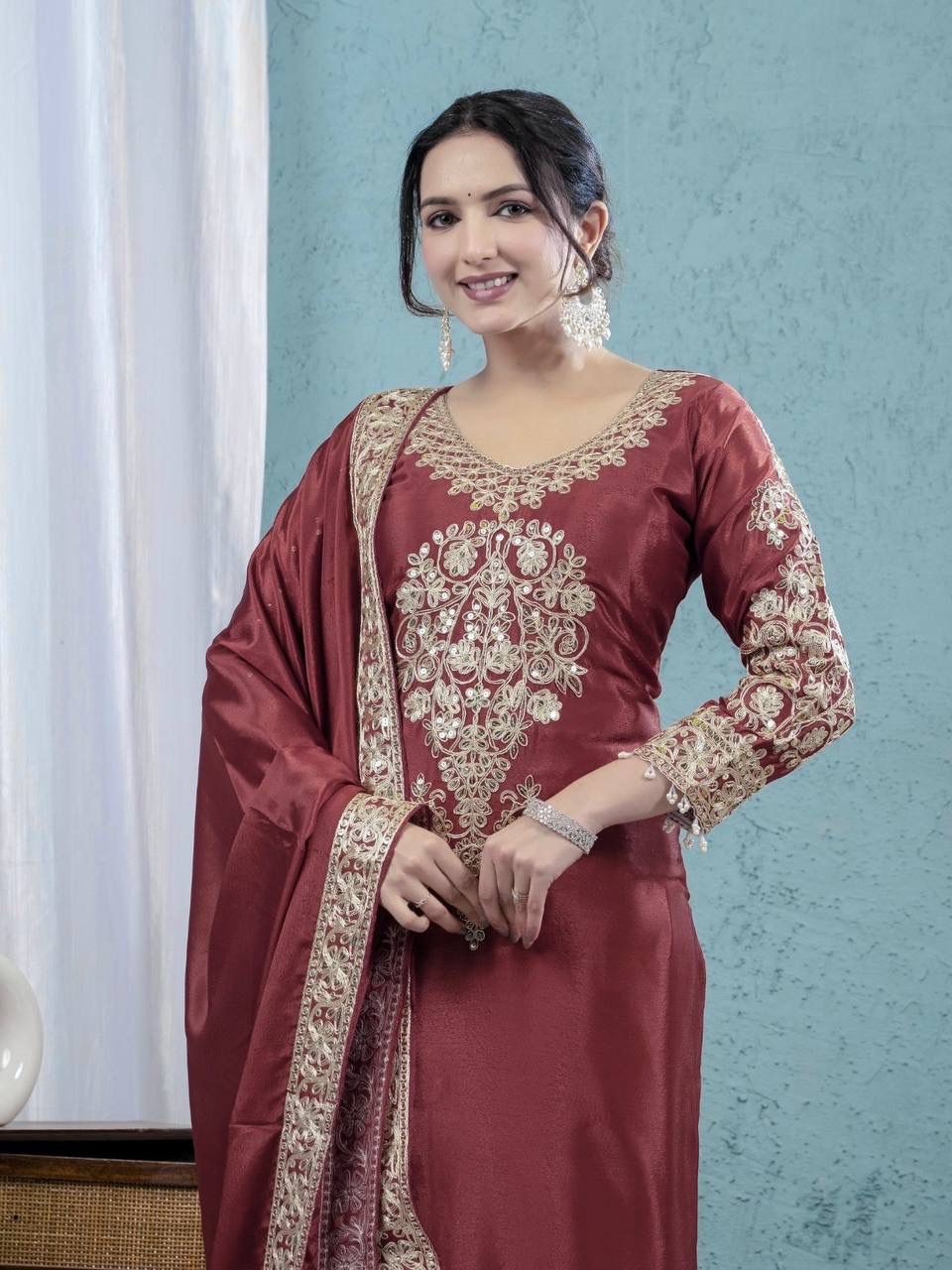 NCO 97 HNF Heavy Chinon Silk Heavy Embroidery Coading Kurti Bottom With Dupatta