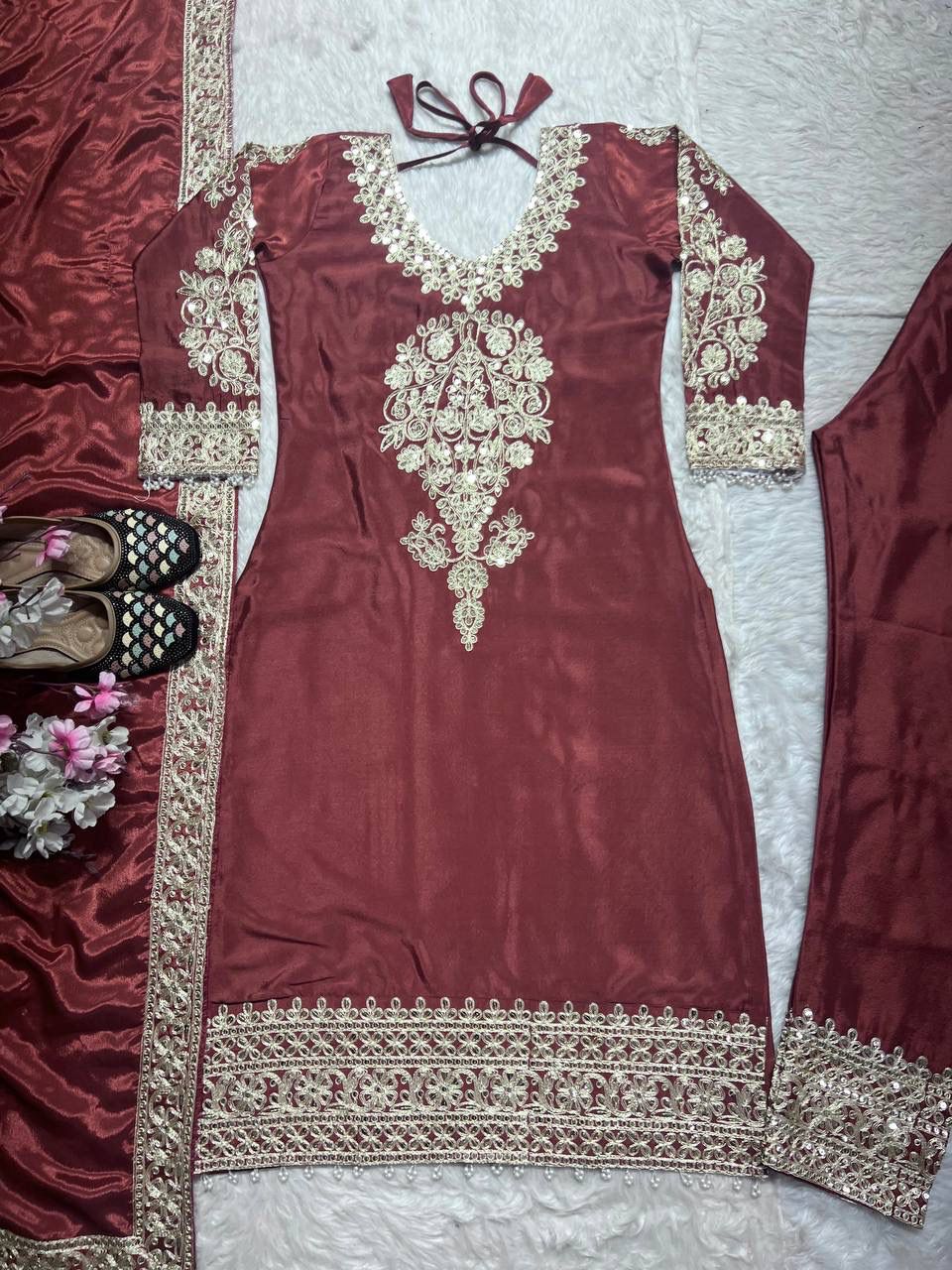 NCO 97 HNF Heavy Chinon Silk Heavy Embroidery Coading Kurti Bottom With Dupatta