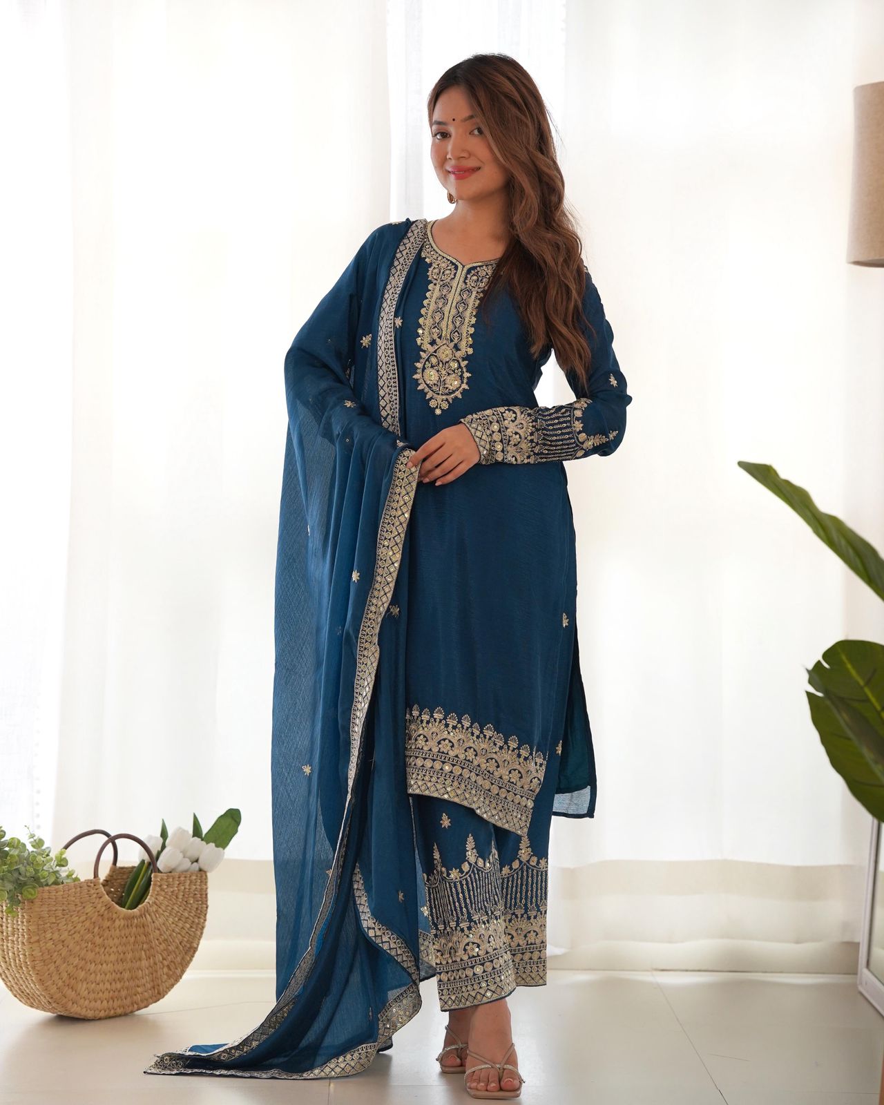 NCO 99 Chinon Silk Embroidery Sequins Kurti Bottom With Dupatta