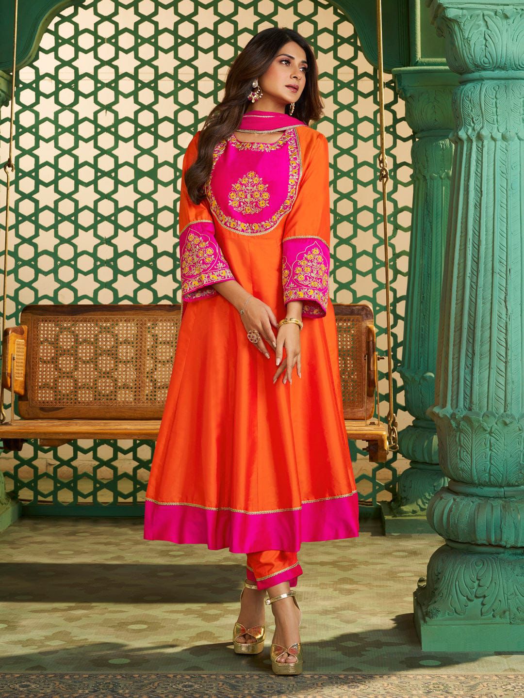 NCO 100 Viscose Chanderi Cotton Silk Embroidery Kurti Bottom With Dupatta