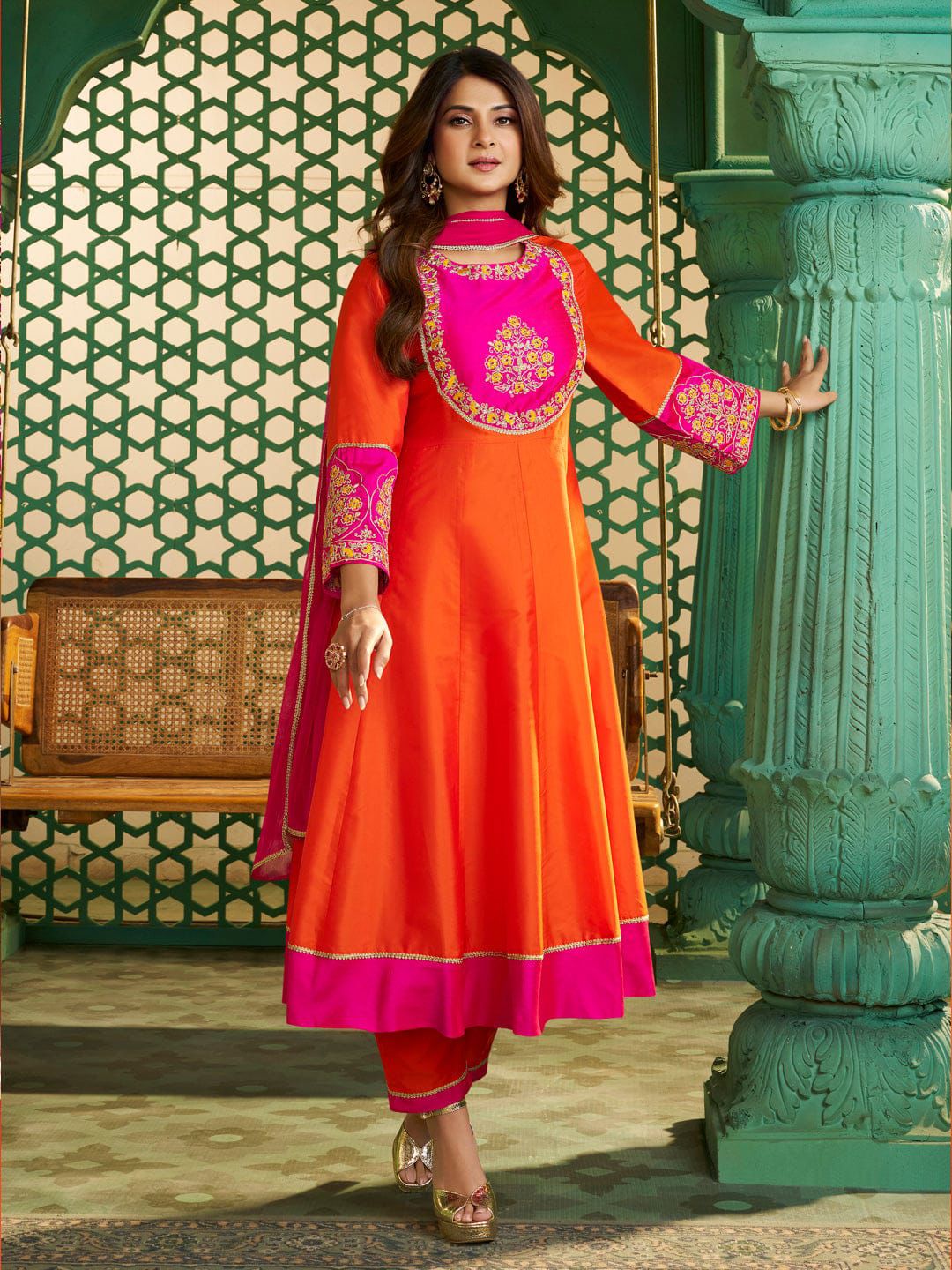 NCO 100 Viscose Chanderi Cotton Silk Embroidery Kurti Bottom With Dupatta