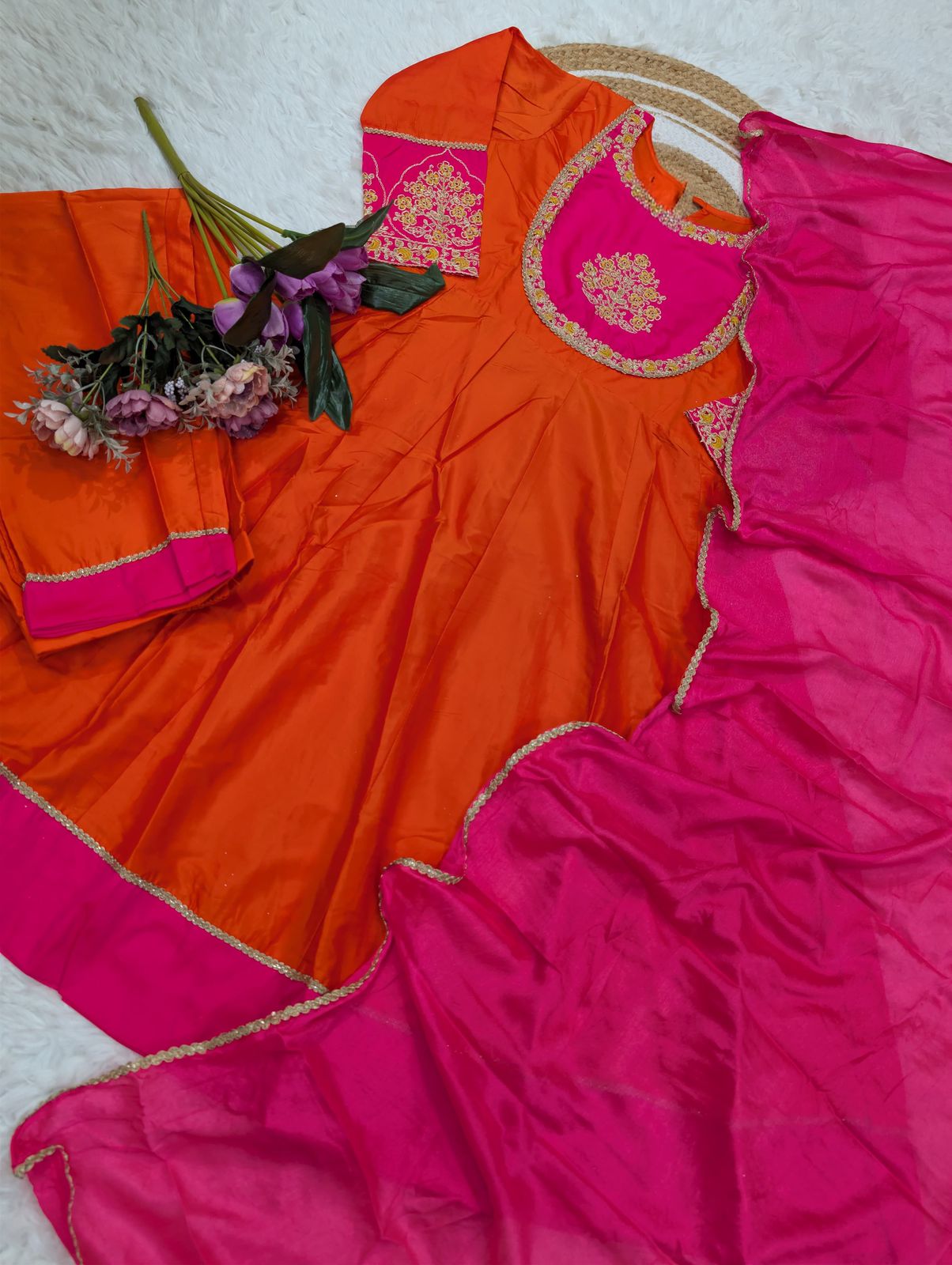 NCO 100 Viscose Chanderi Cotton Silk Embroidery Kurti Bottom With Dupatta