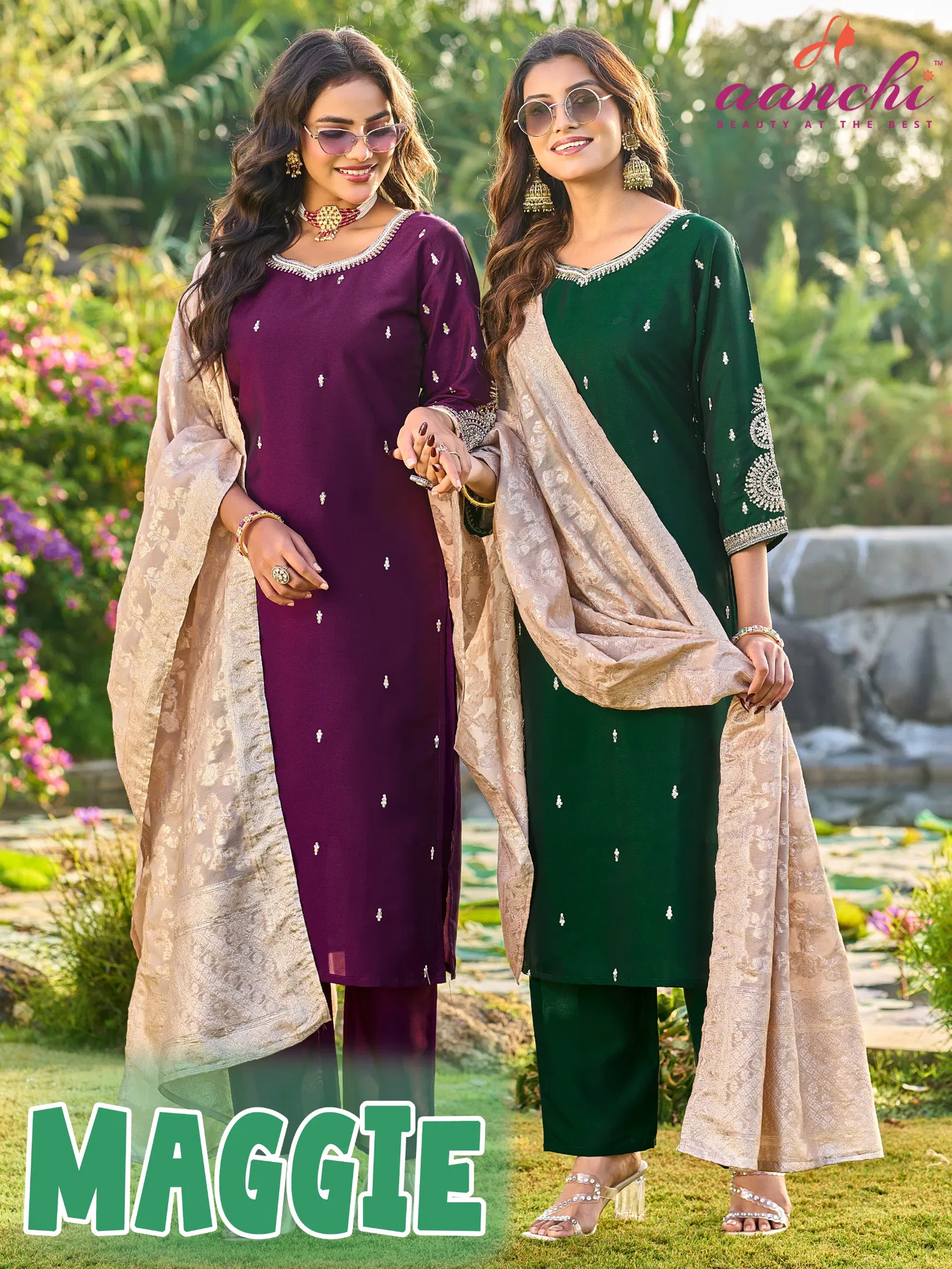 Aanchi Maggie Crystal Silk With Jacquard Worked Kurti With Bottom Dupatta