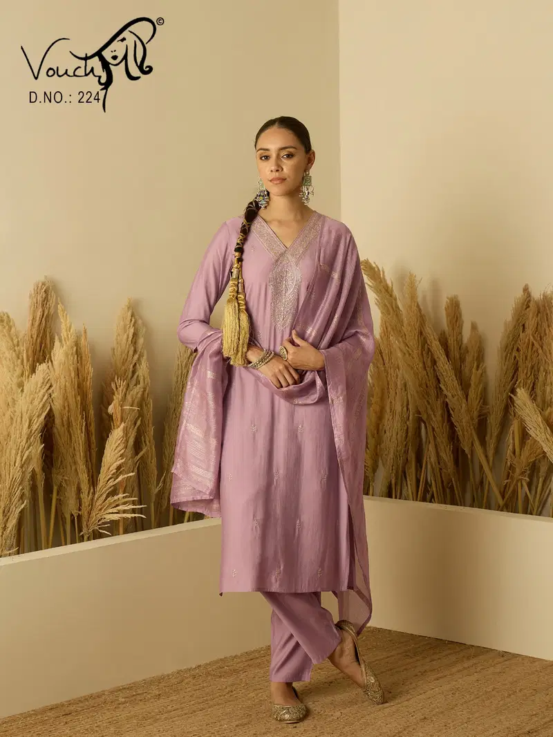 Vouch 221 To 224 Roman Silk Embroidery Worked Kurti Bottom With Dupatta
