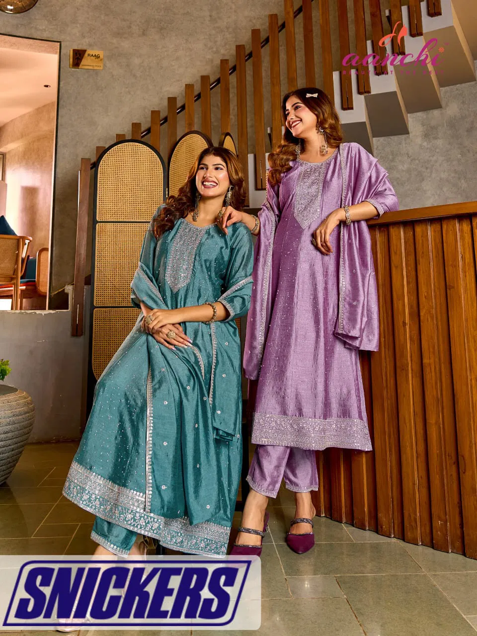 Aanchi Snickers Vichitra Silk Embroidery Worked Kurti With Bottom And Dupatta
