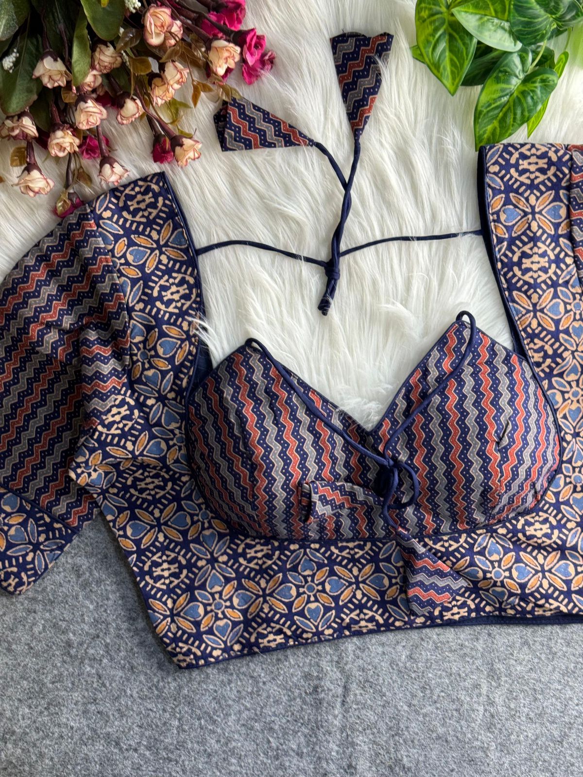 Ruh MumtazPattern Ajrakh Print Halter Neck Cotton Blouse
