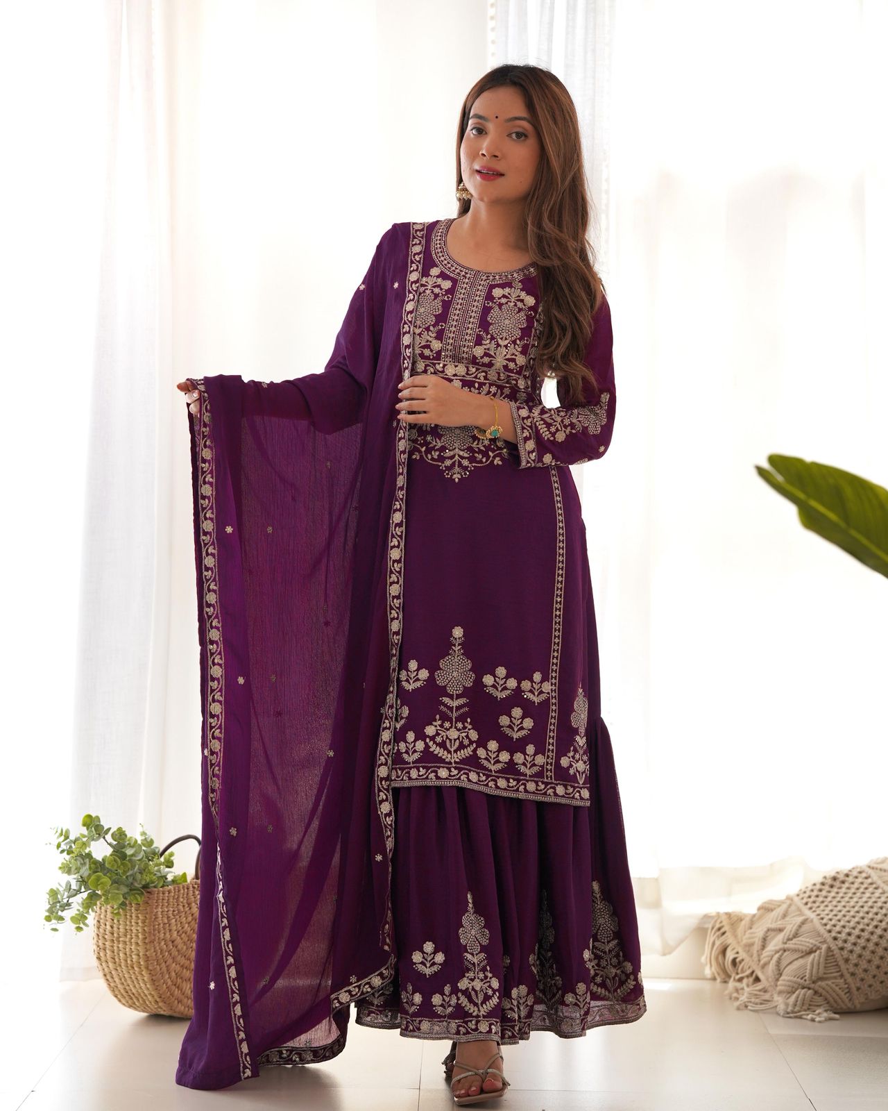 NCO 104 HNK Chinon Silk Embroidery Sequins Zari Work Top Sharara With Dupatta