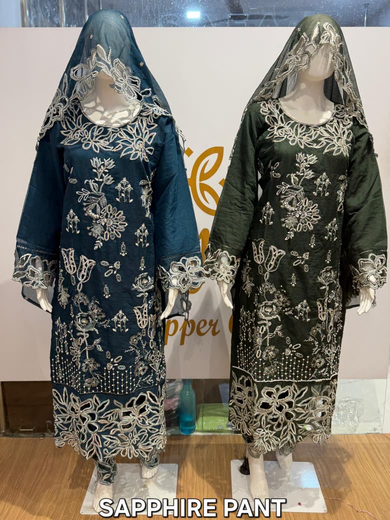 FM Sapphire Pakistani Pant Linen Slub Organza Readymade Top PLazzo With Dupatta