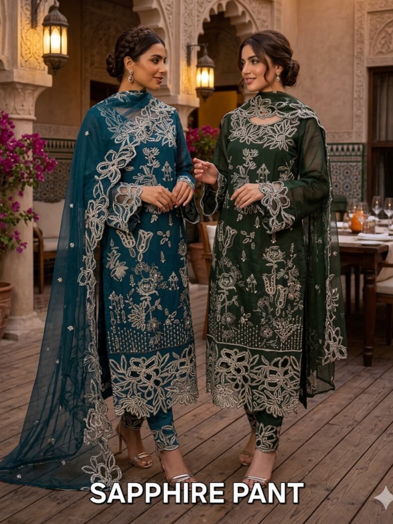 FM Sapphire Pakistani Pant Linen Slub Organza Readymade Top PLazzo With Dupatta