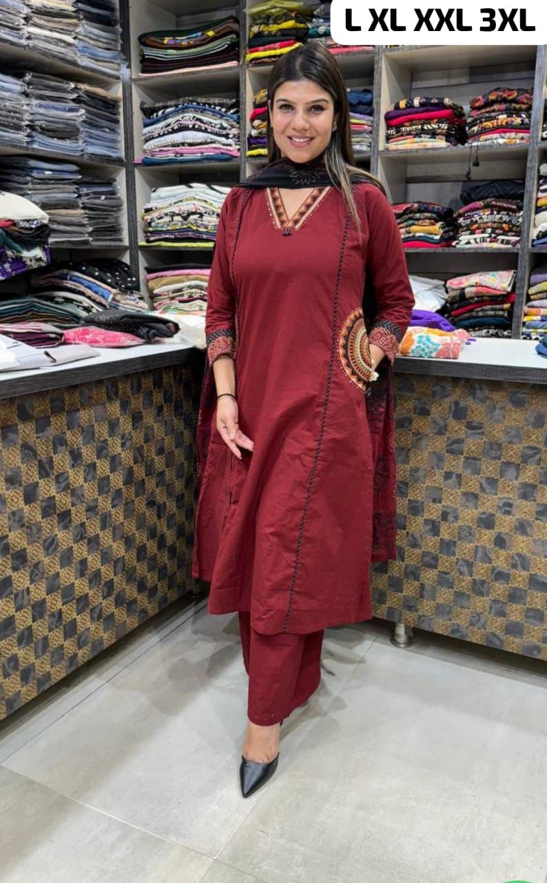 NCO 109 Cotton Print With Embroidery Kurti Bottom With Dupatta