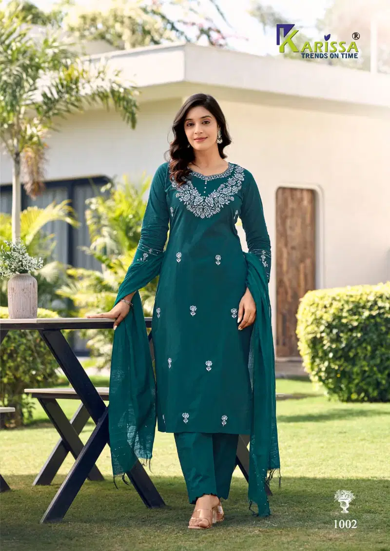 Karissa Trisha Cotton Thread Worked Kurti With Bottom And Dupatta