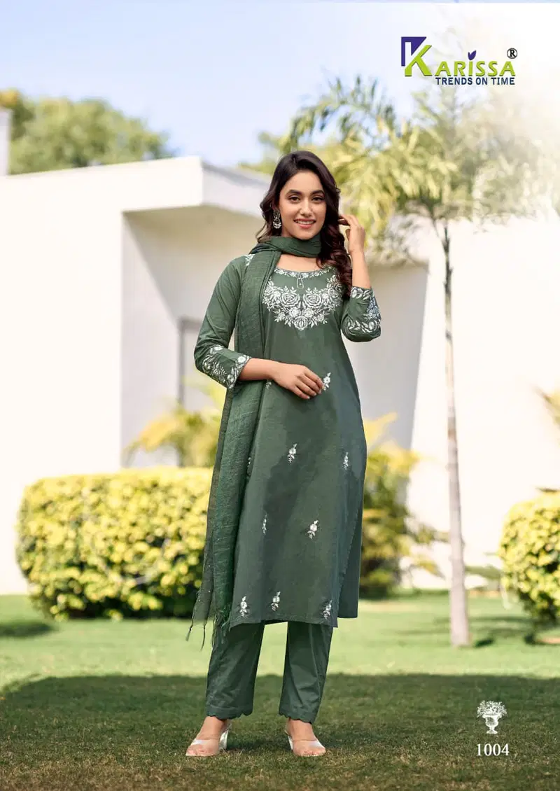 Karissa Trisha Cotton Thread Worked Kurti With Bottom And Dupatta