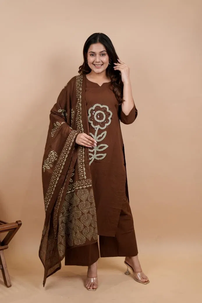Naisha K 769 Dhabu Cotton With Beautiful Work Top With Bottom And Dupatta