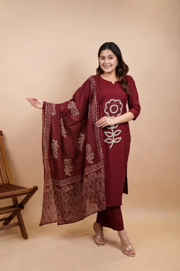 Naisha K 769 Dhabu Cotton With Beautiful Work Top With Bottom And Dupatta