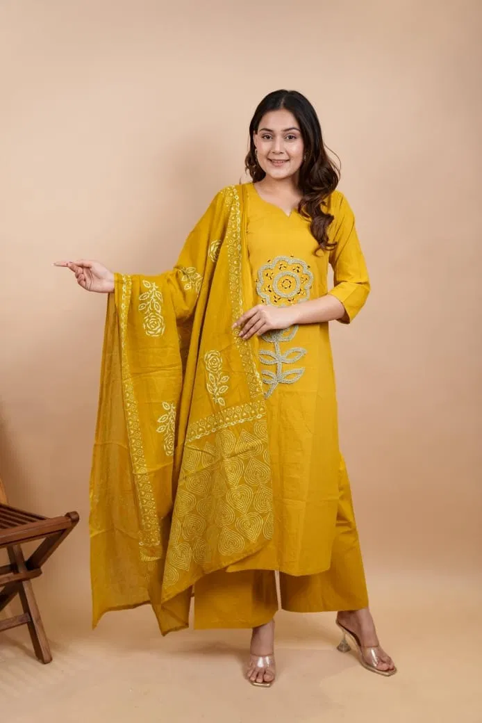 Naisha K 769 Dhabu Cotton With Beautiful Work Top With Bottom And Dupatta