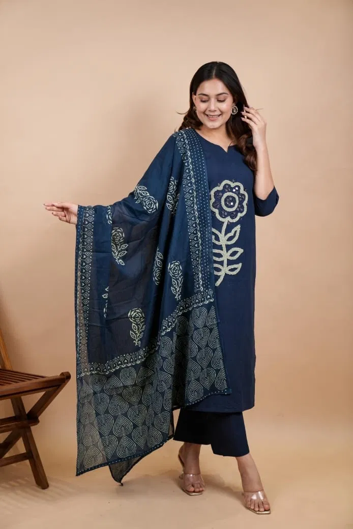 Naisha K 769 Dhabu Cotton With Beautiful Work Top With Bottom And Dupatta