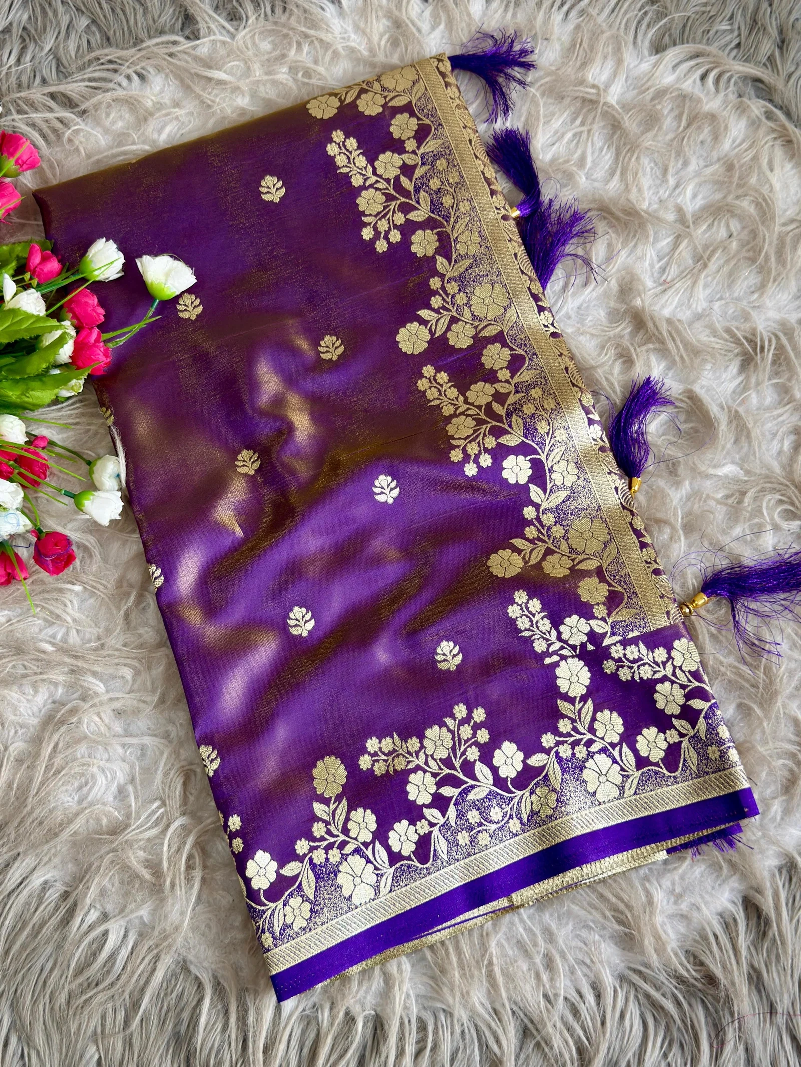 Sf Flower Charming Glass Satin Banarasi Silk Saree