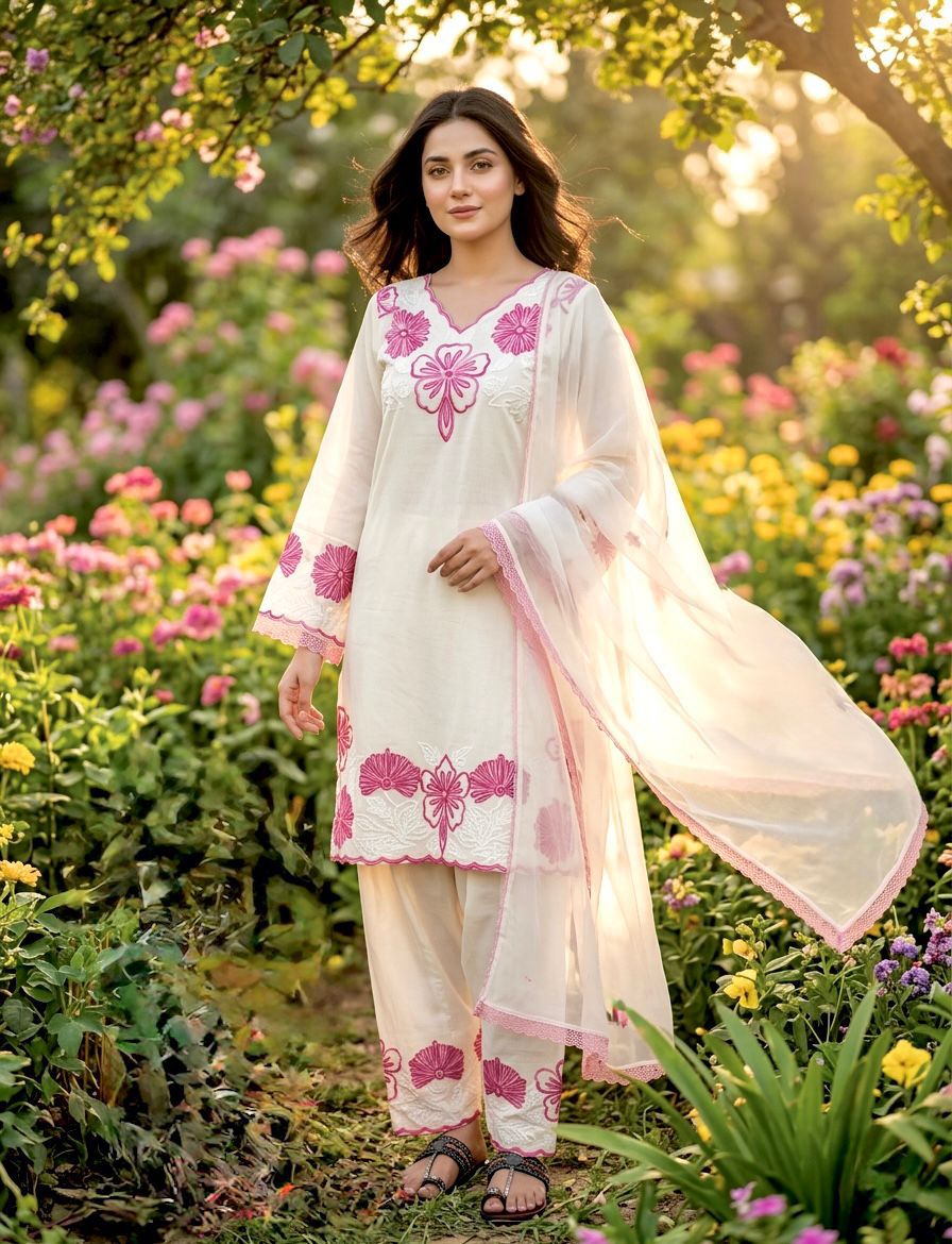 NCO 114 HAD Pure Glass Satin Embroidery Thread Work Kurti Bottom With Dupatta
