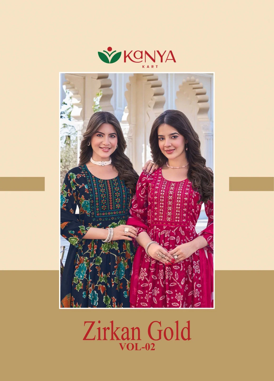 Kanya Zirkan Gold Vol 2 Umbrella Cut Vertican Top Bottom And Dupatta Set