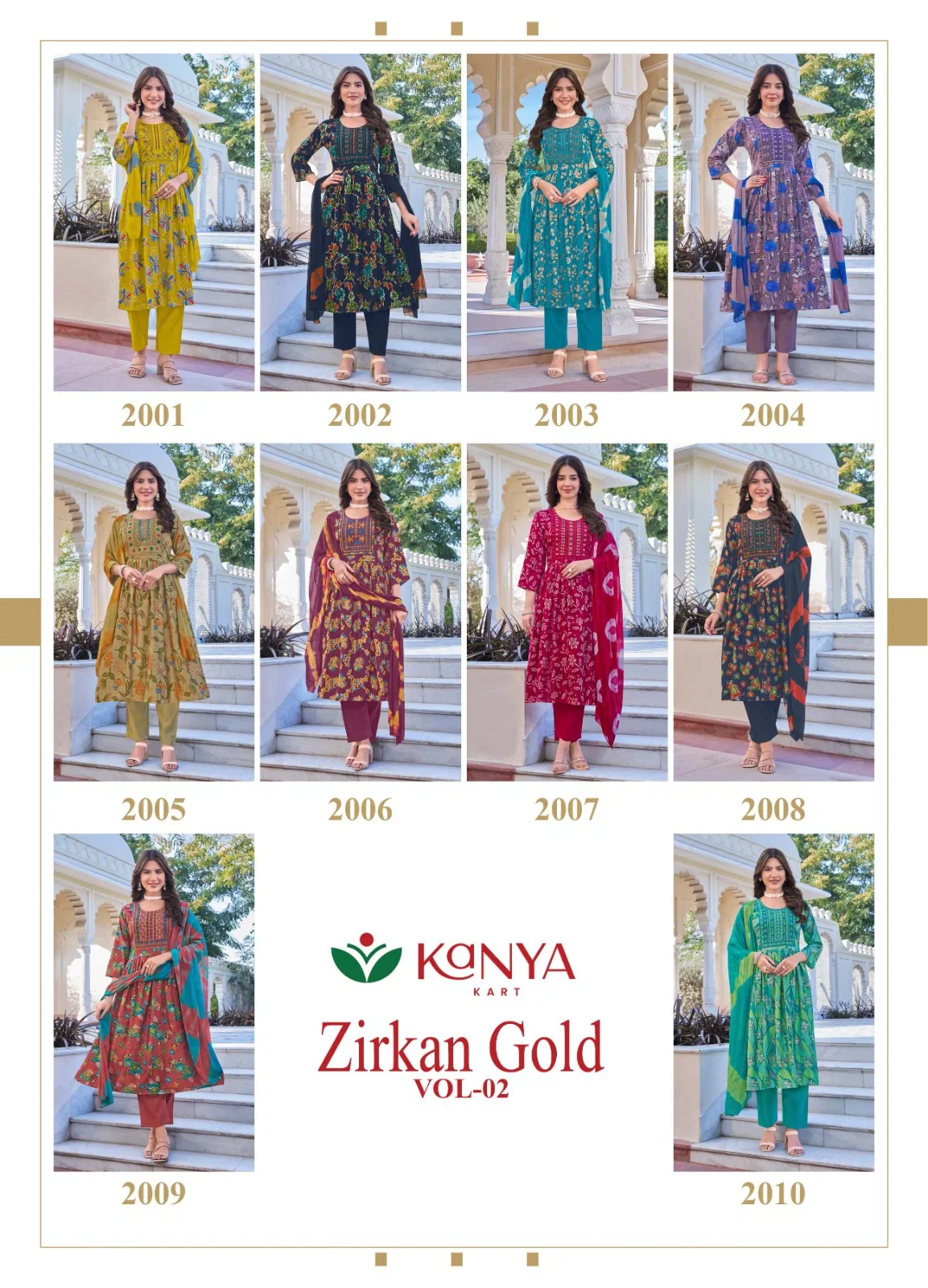 Kanya Zirkan Gold Vol 2 Umbrella Cut Vertican Top Bottom And Dupatta Set