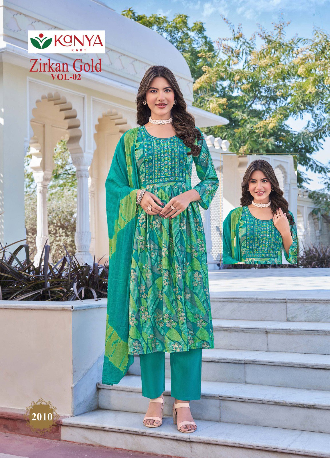 Kanya Zirkan Gold Vol 2 Umbrella Cut Vertican Top Bottom And Dupatta Set