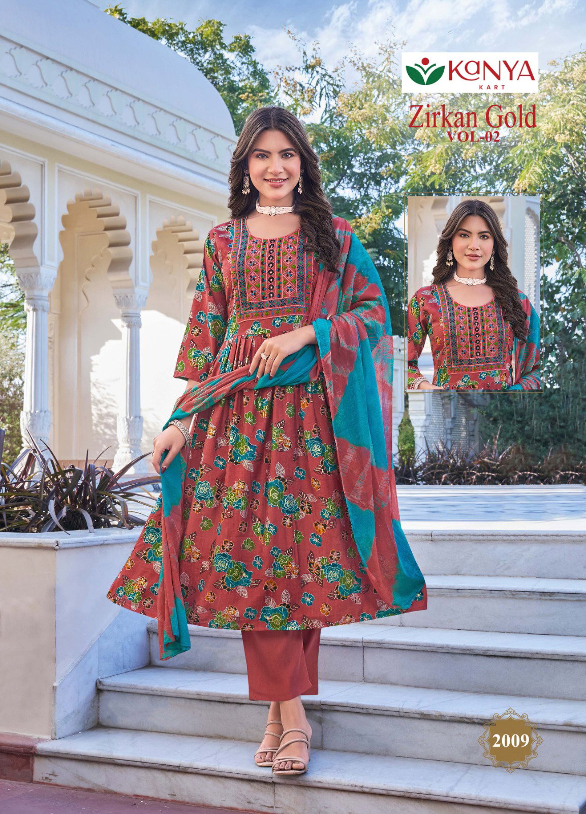 Kanya Zirkan Gold Vol 2 Umbrella Cut Vertican Top Bottom And Dupatta Set