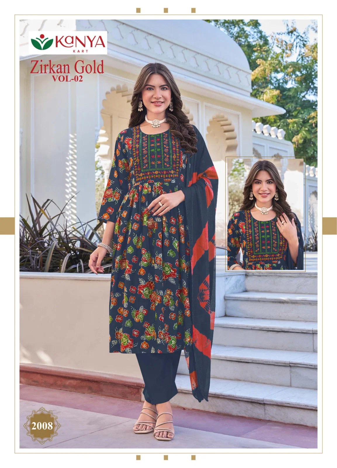 Kanya Zirkan Gold Vol 2 Umbrella Cut Vertican Top Bottom And Dupatta Set