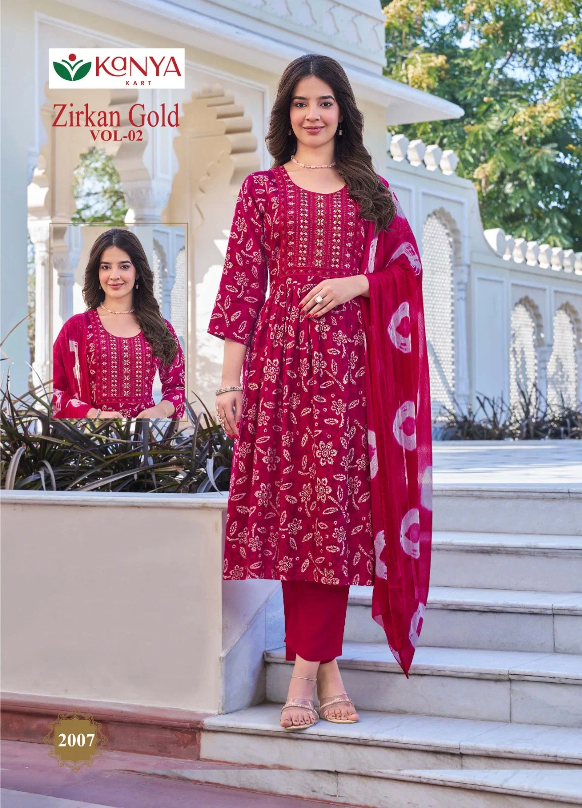 Kanya Zirkan Gold Vol 2 Umbrella Cut Vertican Top Bottom And Dupatta Set