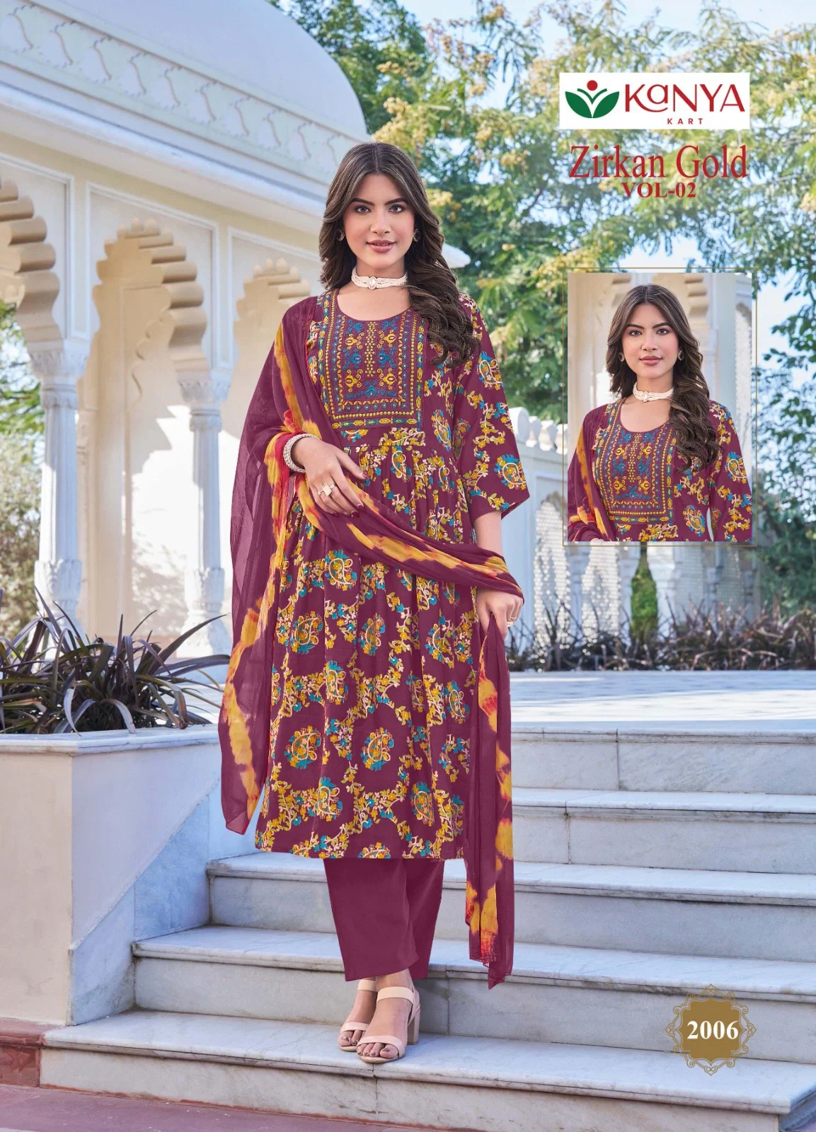 Kanya Zirkan Gold Vol 2 Umbrella Cut Vertican Top Bottom And Dupatta Set
