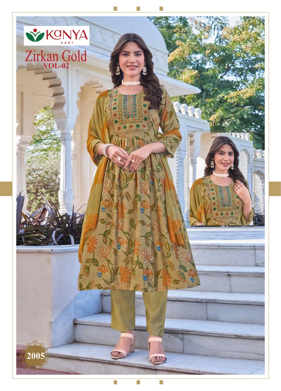 Kanya Zirkan Gold Vol 2 Umbrella Cut Vertican Top Bottom And Dupatta Set