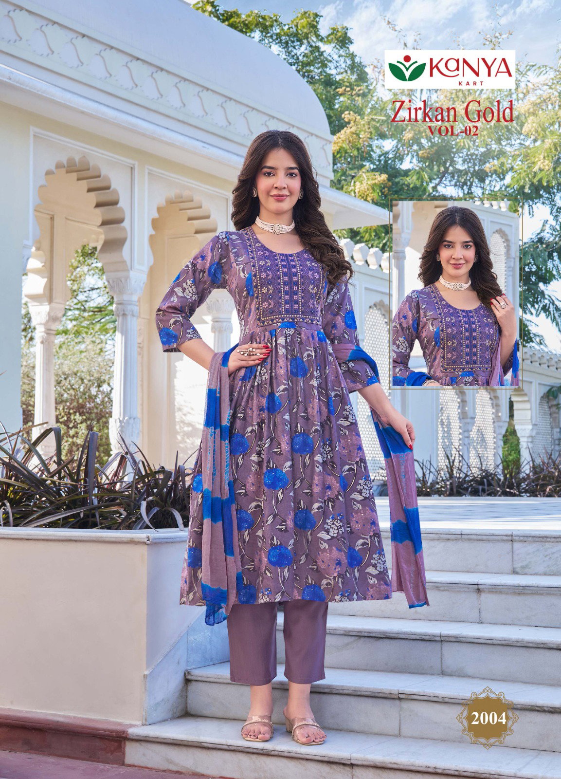 Kanya Zirkan Gold Vol 2 Umbrella Cut Vertican Top Bottom And Dupatta Set
