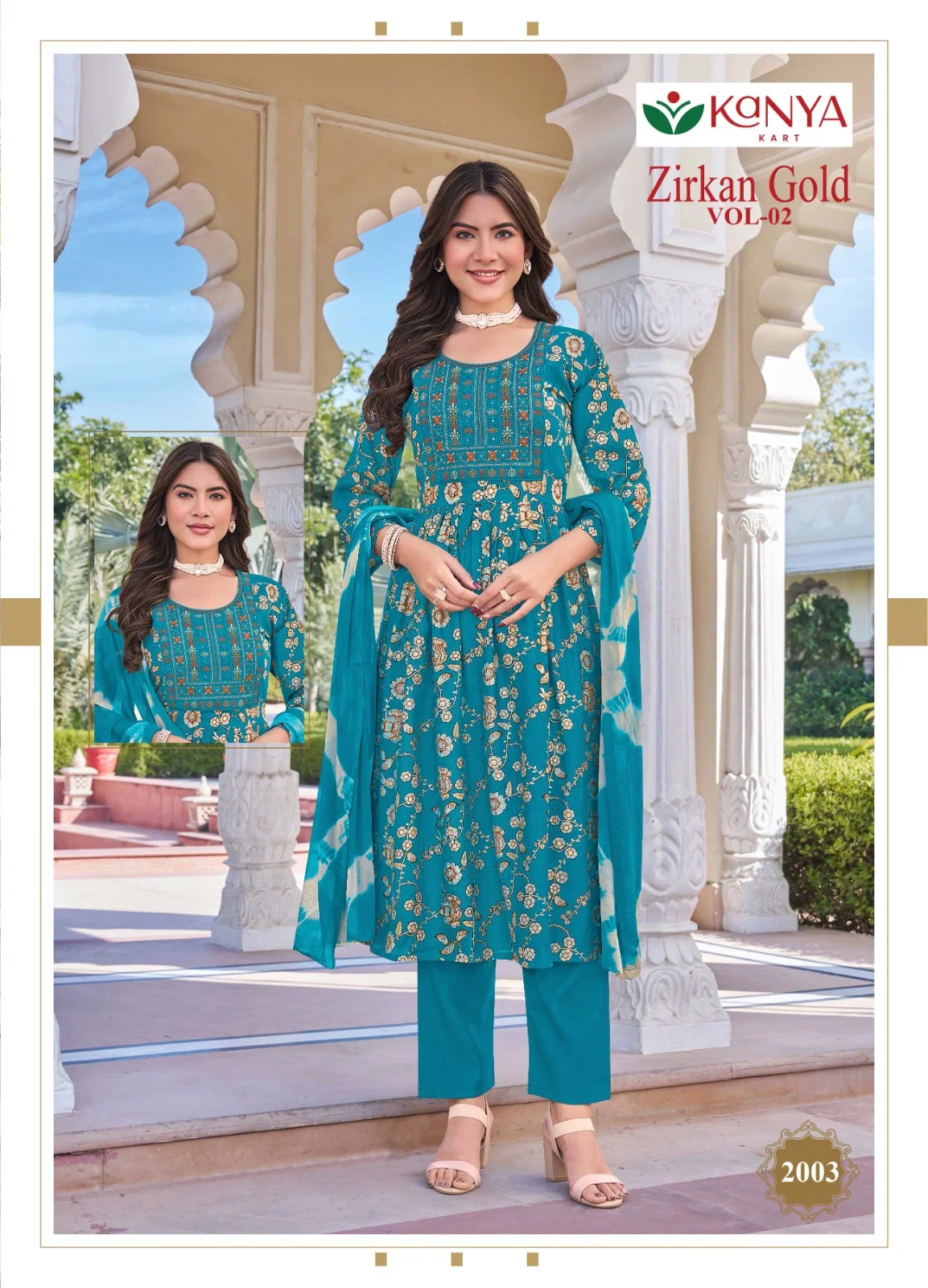 Kanya Zirkan Gold Vol 2 Umbrella Cut Vertican Top Bottom And Dupatta Set
