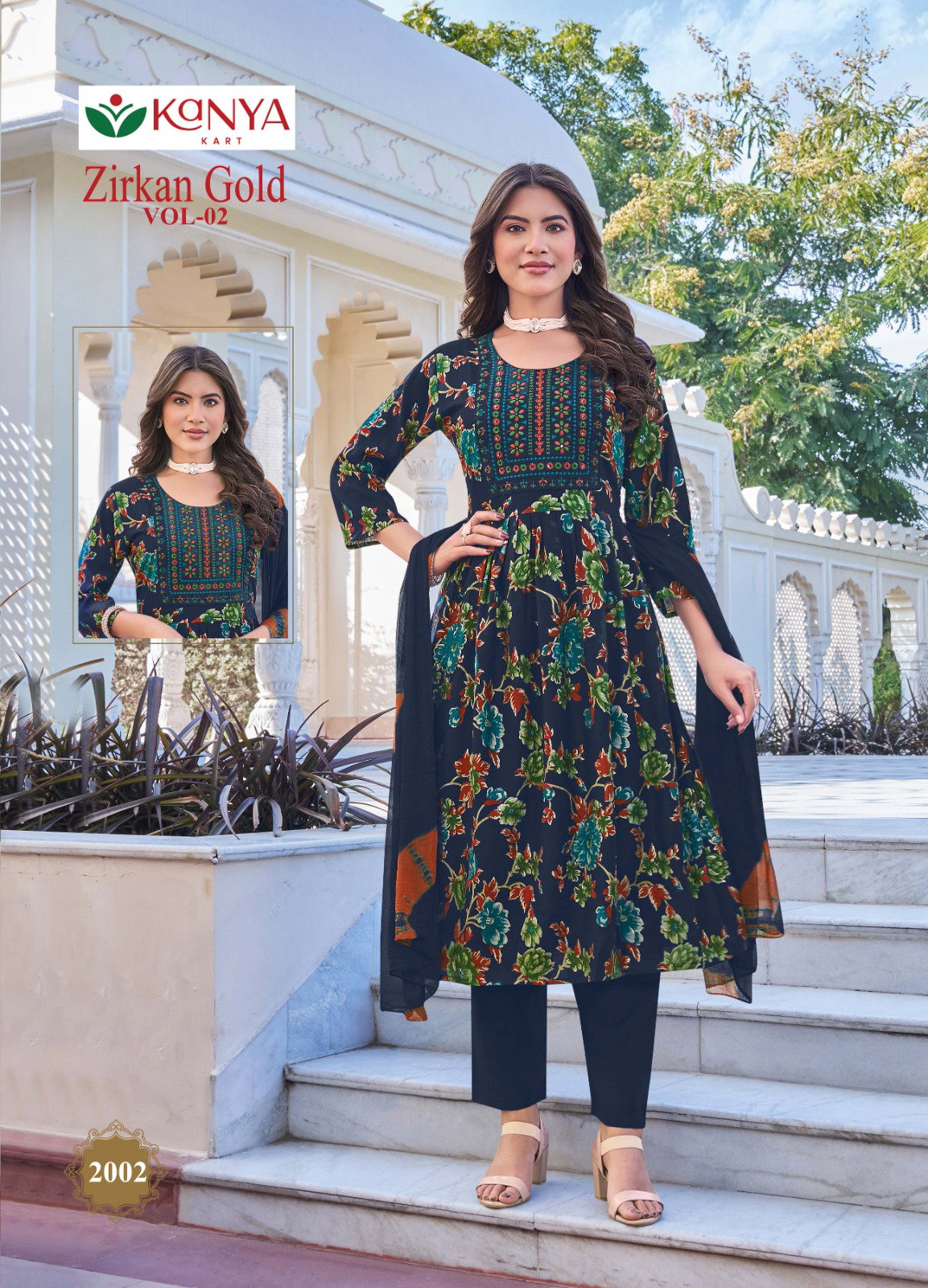 Kanya Zirkan Gold Vol 2 Umbrella Cut Vertican Top Bottom And Dupatta Set