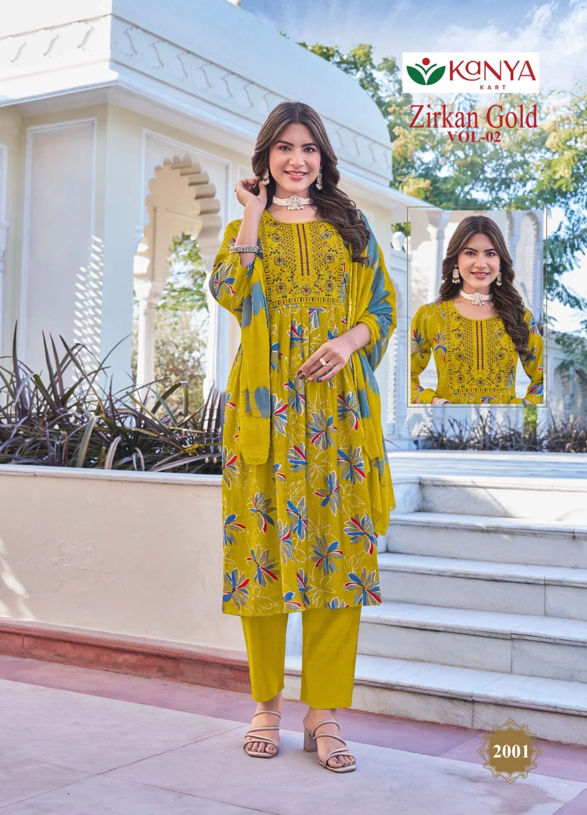 Kanya Zirkan Gold Vol 2 Umbrella Cut Vertican Top Bottom And Dupatta Set