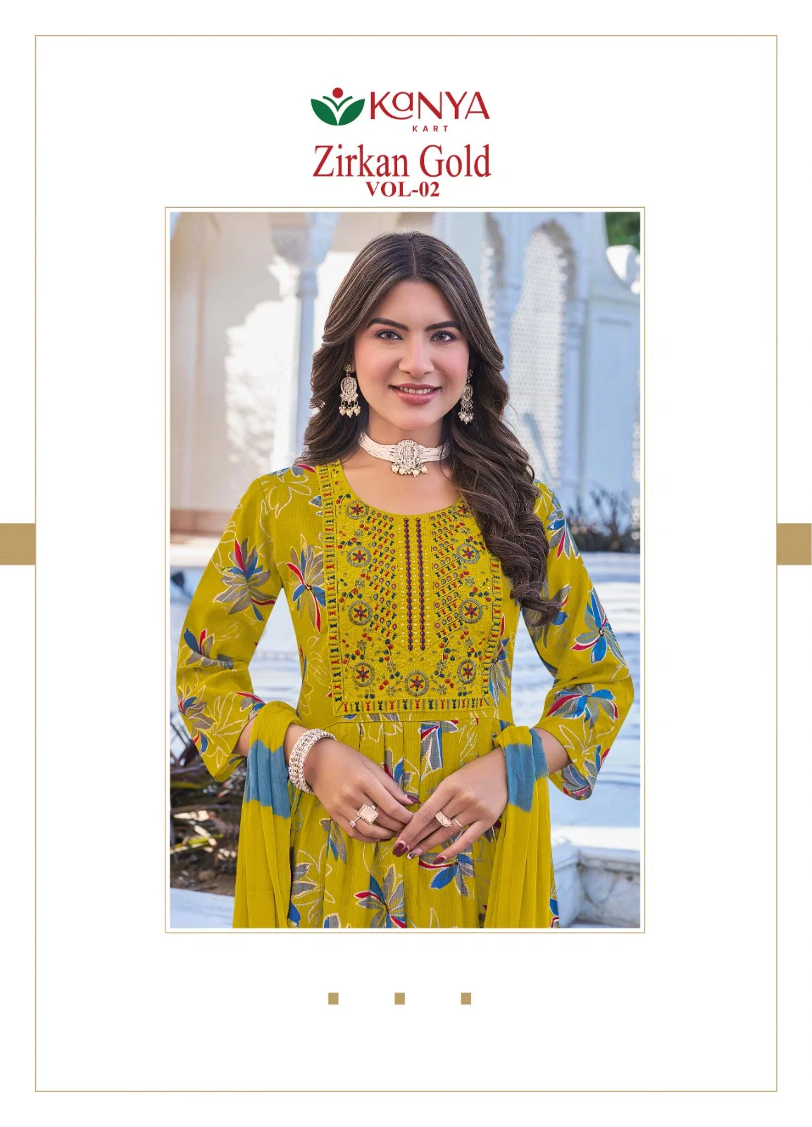 Kanya Zirkan Gold Vol 2 Umbrella Cut Vertican Top Bottom And Dupatta Set