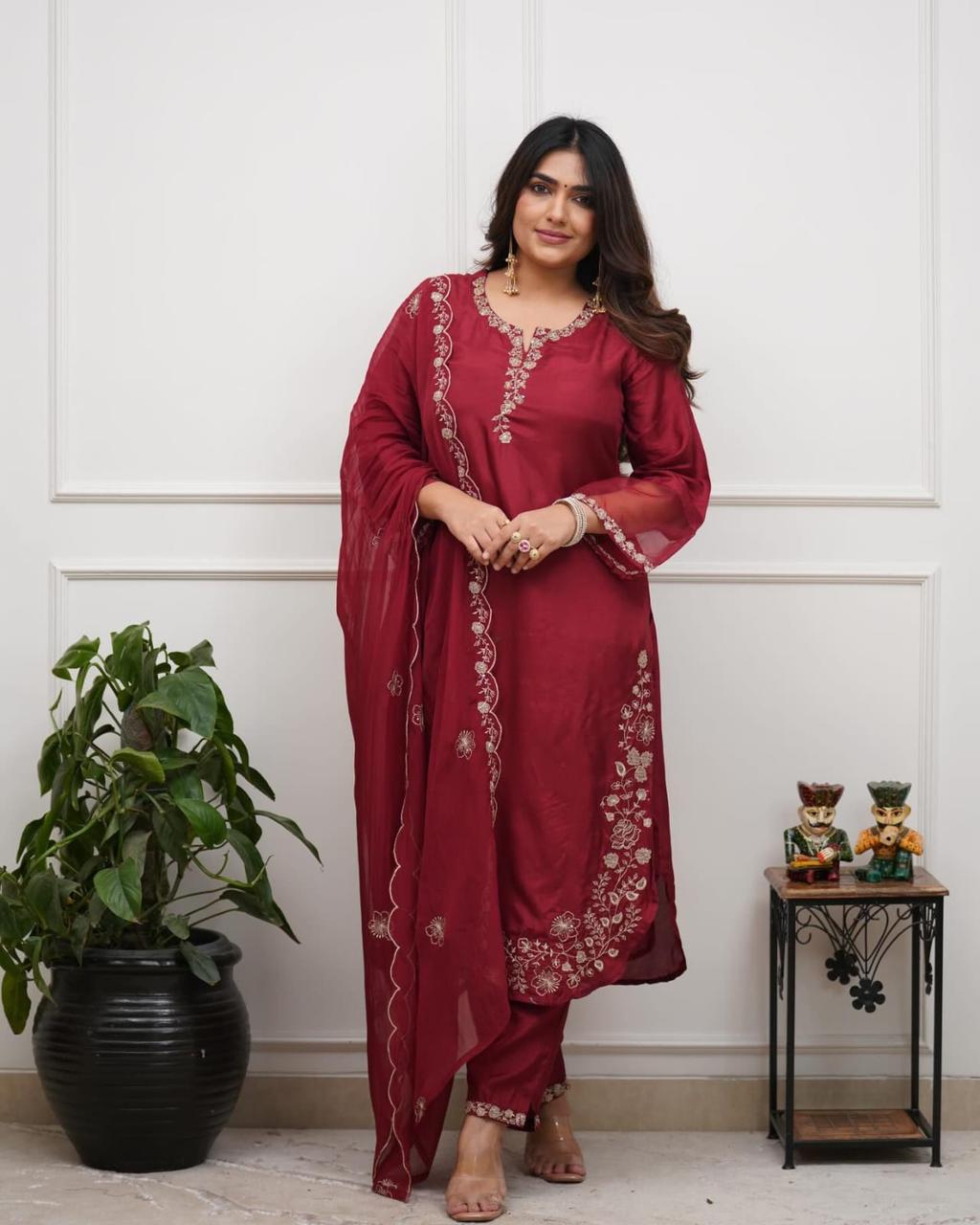 NCO 117 Pure Viscose Chanderi Silk Sequins Embroidery Kurti Bottom With Dupatta