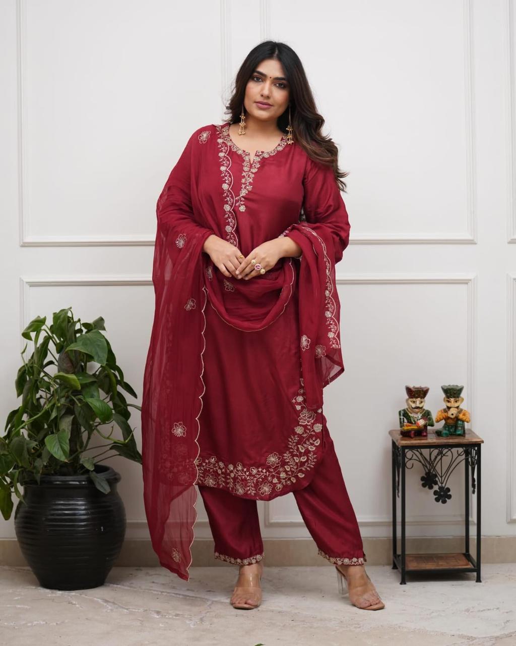 NCO 117 Pure Viscose Chanderi Silk Sequins Embroidery Kurti Bottom With Dupatta